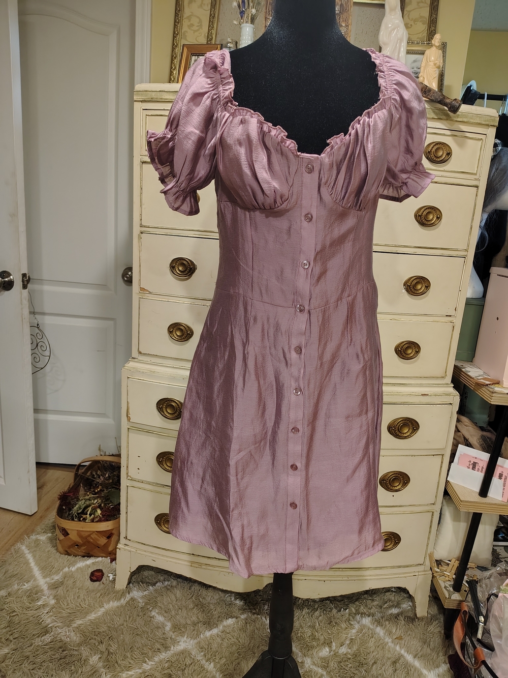 Puff-Sleeve Button-Front Midi Dress in Dusty Mauve